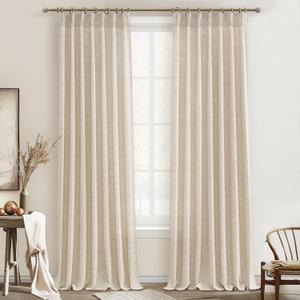 PleatedDrapes 96 Inch Curtains 2 Panel Set, Modern Linen Pleat Back Tab Dining Room Window Curtains Light Filtering Aesthetic Semi Sheer Living Room Drapes with Hooks Ring Cream Oatmeal W40 x L96