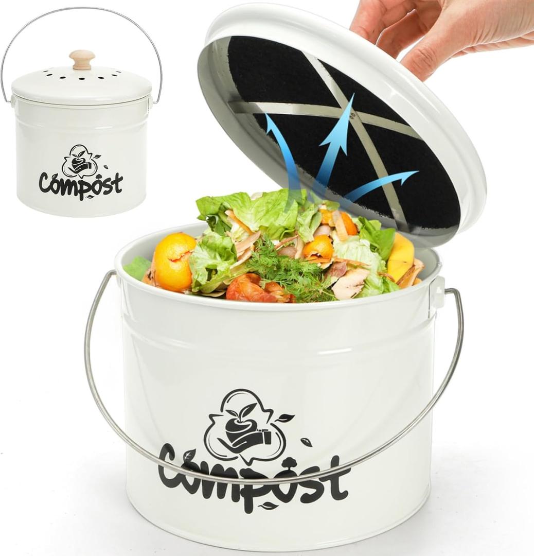 Small Kitchen Compost Bin, 1 Gallon Odorless Composter Container, Food Waste Bucket with Charcoal Filter Lid, Indoor Farmhouse Composting Pail Canister for Trash Scraps, Carrying Handle