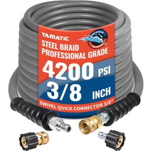 YAMATIC True 3/8" ID Pressure Washer Hose 50 FT, 4200 PSI, 250F Hot Water, Steel Braided Non-Marking Gray Rubber Hose, 360 Swivel 3/8" Quick Connect with M22 Adapters for Gas Power Washers