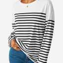 LilyCoco Womens Oversized Striped Shirt Color Block Crewneck Long Sleeve T Shirt White X-Large (XL)