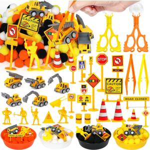 135 Pcs Construction Sensory Bin Items Construction Counting Sorting Sensory Bin Filler Fine Motor 5 Vehicles 14 Road Signs 4 Worker Figures Counts for Valentine Sorting Counting Decor