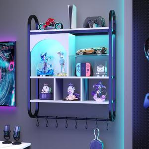 29'' Floating Shelves with LED Lights, 4 Tiers Decor Display Shelf with Tempered Glass Shelf, Arched Wall Mounted Display Shelves with 8 S-Hook for Collectibles Action Figure, White