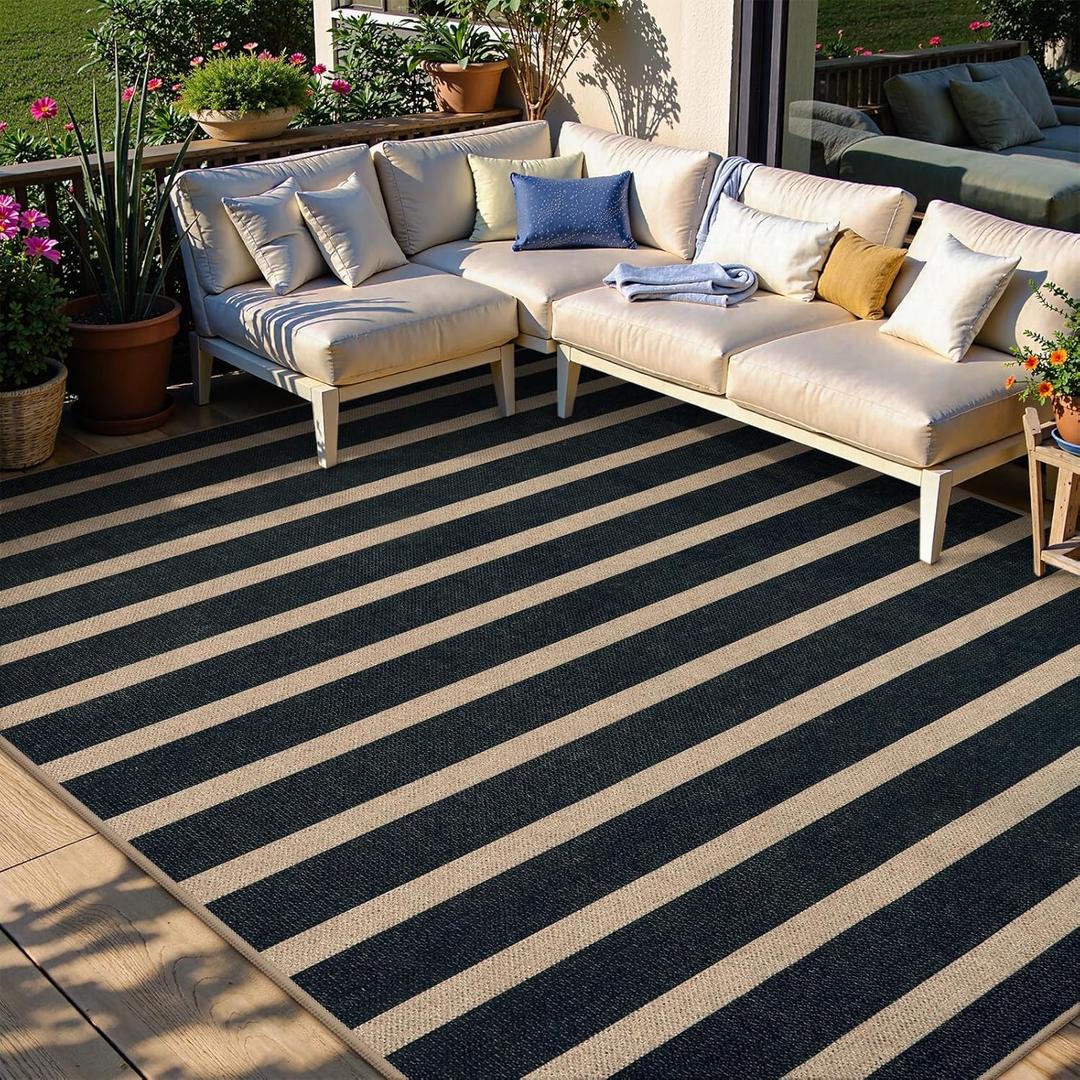 Lahome Elance Striped Easy Jute Area Rug 6x9, Outdoor Patio Rug Neutral Black Carpet for Living Room Classroom, Farmhouse Low Pile Non Slip Non Shedding Floor Carpet for Dining Room Office