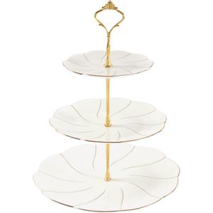 DUJUST Luxury Larger 3-Tier Cupcake Stand Tower, British Style Porcelain Serving Tray with Golden Trim, Food Grade Dessert Display Stand for Tea Party & Home Dcor - 45% Larger Plates (Elegant White Larger)
