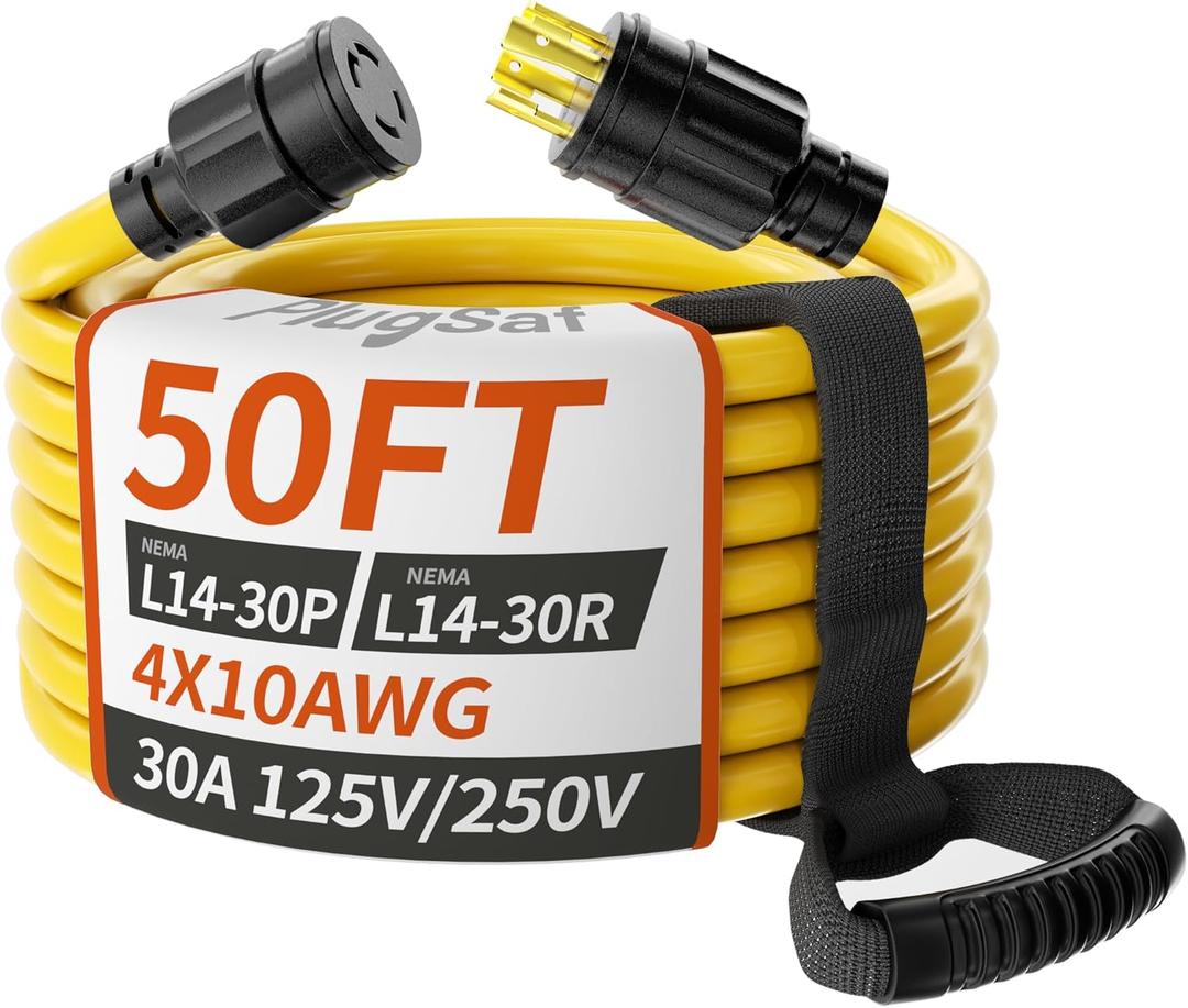 PlugSaf 50FT 30 Amp Generator Extension Cord 4 Prong, NEMA L14-30P/L14-30R 10 Gauge STW 125/250V Twist Lock Generator Cord Heavy Duty, Yellow ETL Listed