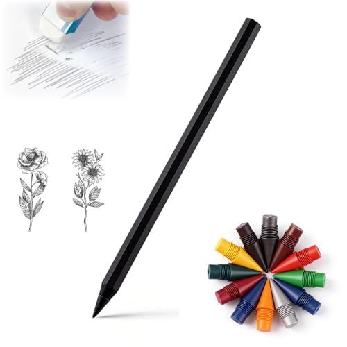 BuyiHoen Metal Alloy Writing Instrument, Forever Pencil with 12 Colored Refill Tips, No Sharpening Required, Pencils for Drawing, Sketching and Writing