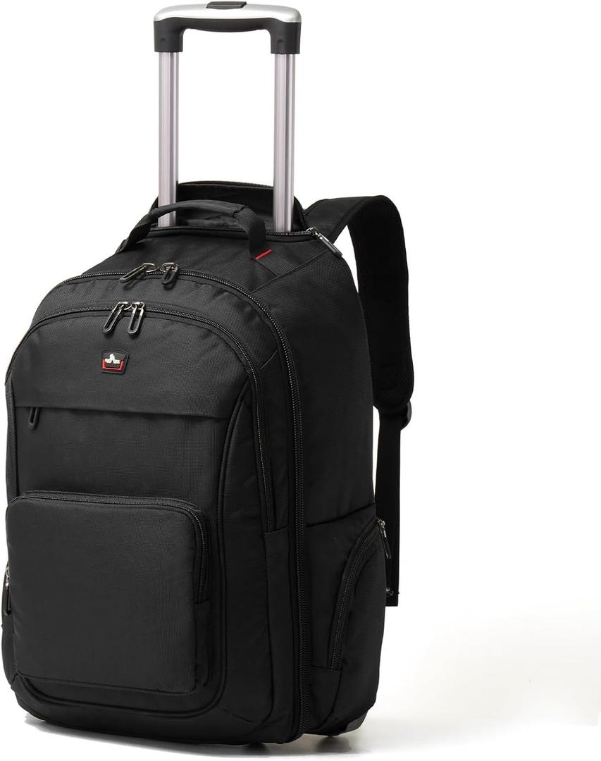 Rolling Backpack for Laptop 15.6 inch, Waterproof Travel Bag with Wheels, Business Carry on Luggage, Multi-compartments, Adjustable Aluminum Telescopic Handle, Black