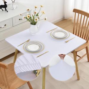 Outdoor Tablecloth White Small Square Elastic 38x38 Inch Stretch Card Table Cover with Spandex Fabric Wrinkle Free Fitted Table Cloth Non Slip Washable for Kitchen Dining Patio Party