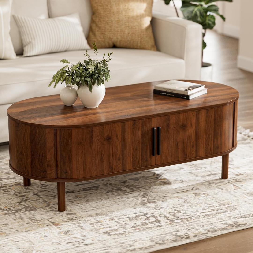 ZttRiee Coffee Table for Living Room, Modern Oval Coffee Table with Cabinets & Sliding Doors, Home Small Space, 47.2" Fluted Center Table, Walnut