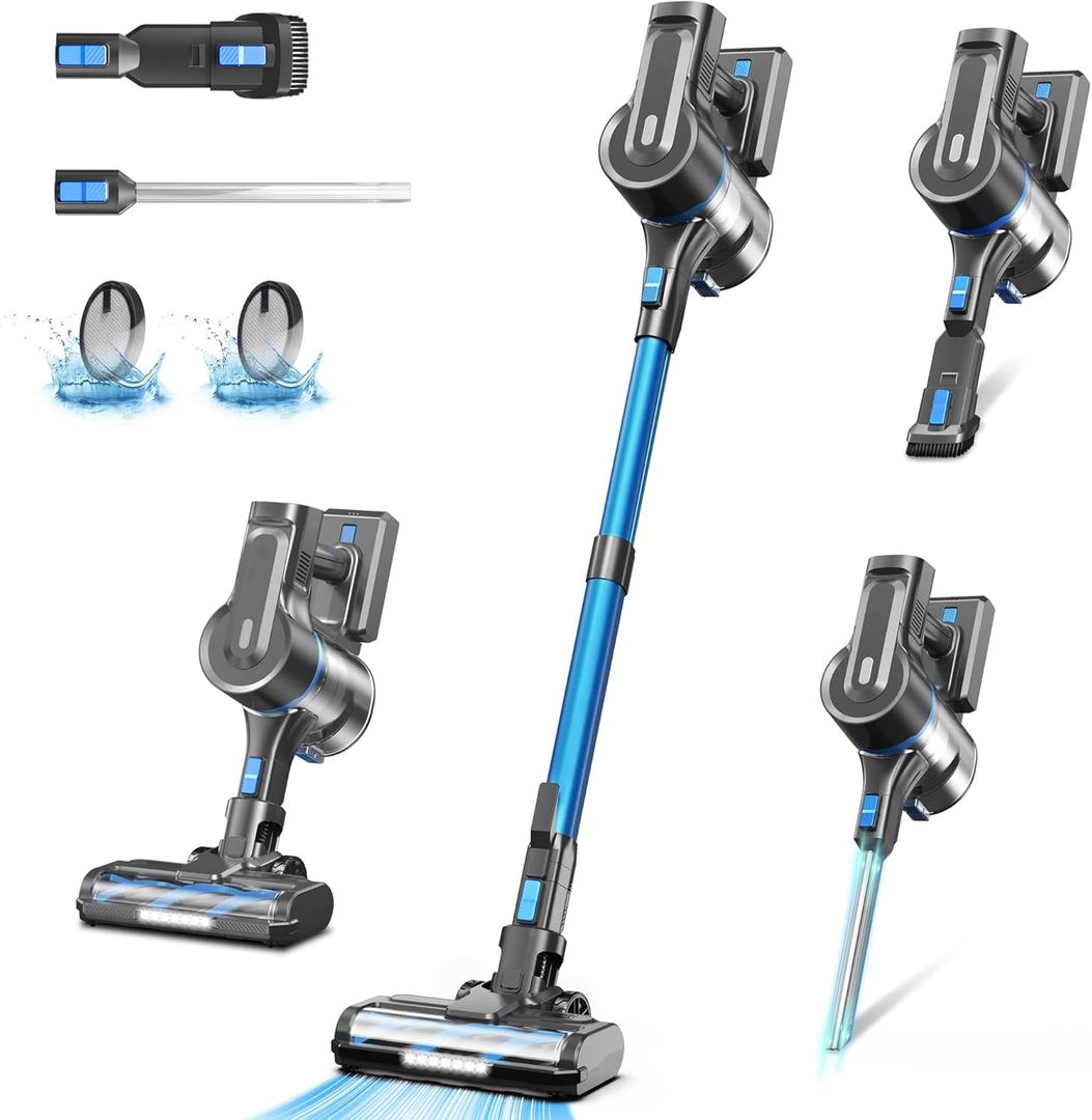 Cordless Vacuum Cleaner, Powerful Suction Vacuum with 40Kpa 500W Brushless Motor, Lightweight Stick Vacuum Cleaner Max 60 Min Runtime for Carpet and Hard Floor Pet Hair (Blue)