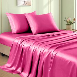 VACVELT Set of 4 Hot Pink Satin Sheets Queen Size Bed Set, 15 Inch Deep Pocket Silky Satin Sheet Set, Soft Satin Bedding Set Cooling & Luxury Bed Sheets, 1 Fitted Sheet + 1 Flat Sheet + 2 Pillowcases