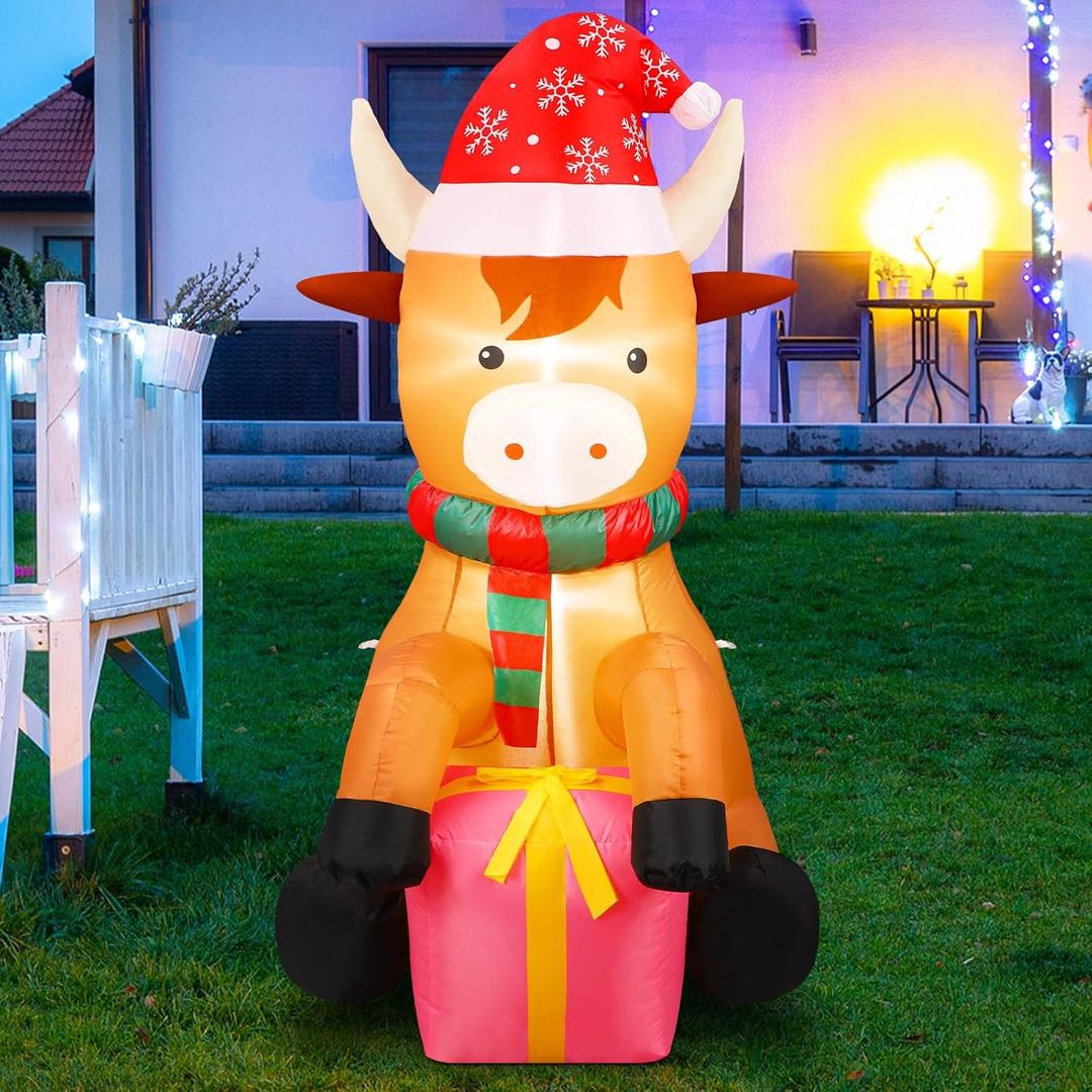 5ft Christmas Inflatables Outdoor Decoration Blow up Highland Cow Wearing Santa Hat Yard Decor with Built in Light for Outdoor Holiday Xmas Party Yard Garden Lawn