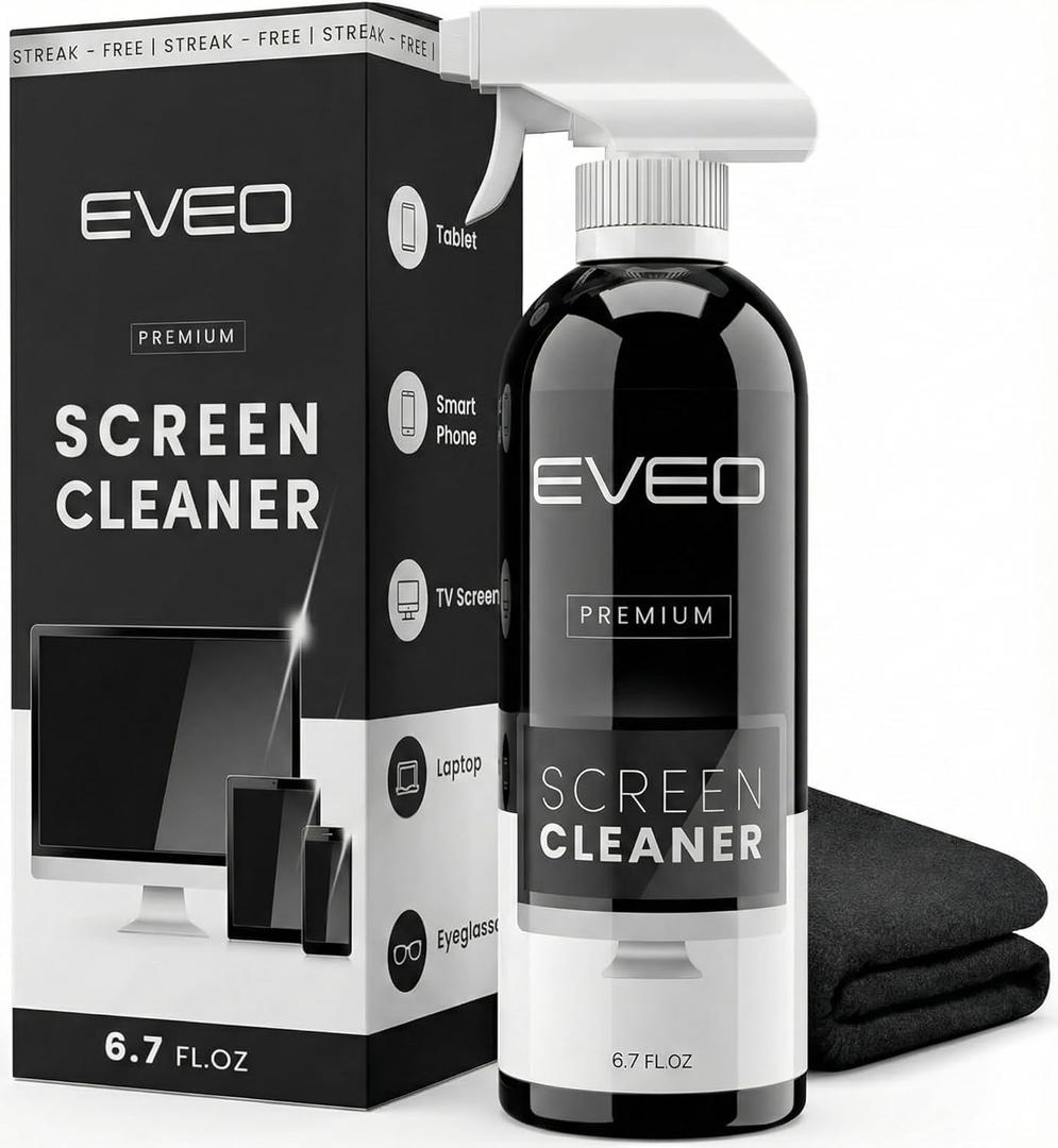 EVEO Screen Cleaner Spray Kit (Streak-Free) TV Screen Cleaner for Smart TV, Lcd, LEd, Oled | Computer Screen Cleaner Spray and Wipe Microfiber Cloth - TV, Monitor, Laptop, iPad, Car - 6.7oz 1 Pack