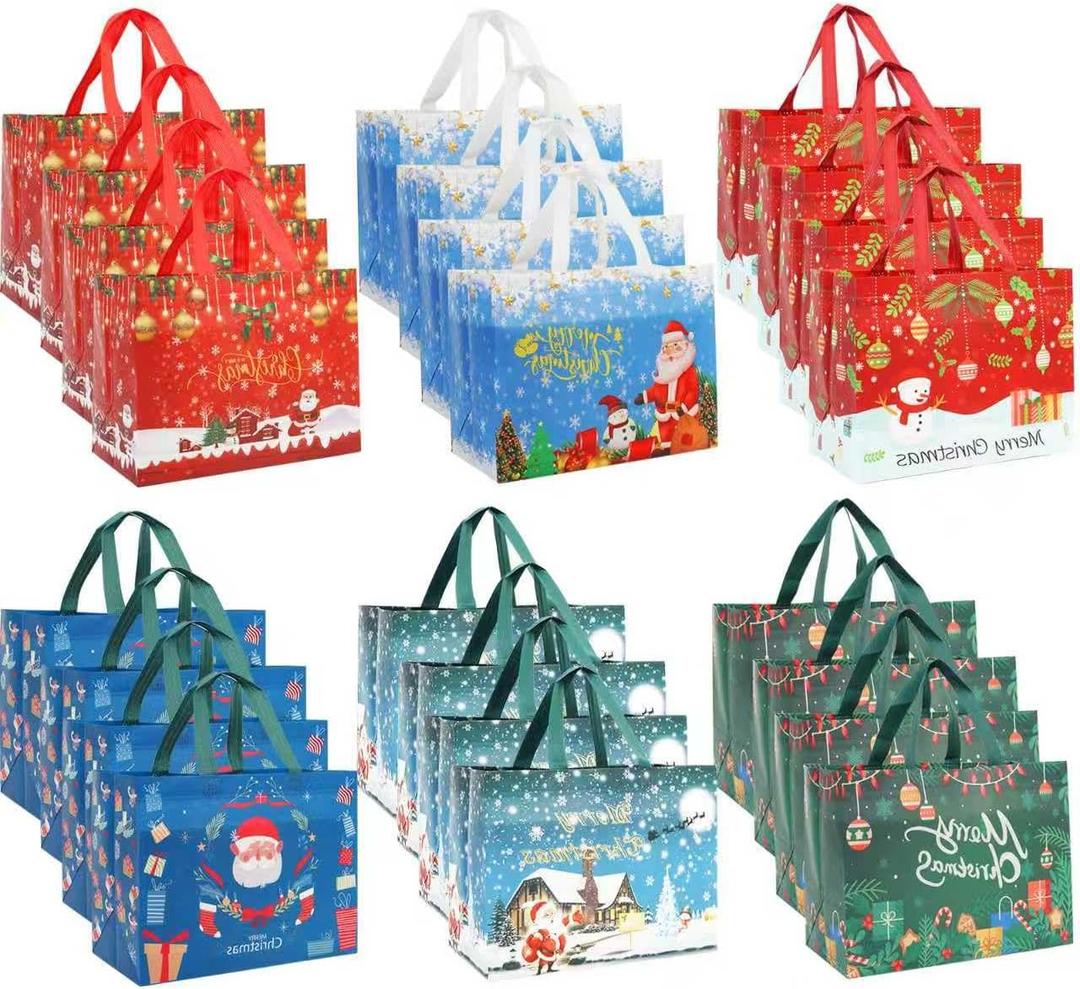 24Pcs Christmas Gift Bags, Christmas Tote Bags with Handles, Reusable Non-Woven Shopping Bags for Xmas Gifts Wrapping Holiday Party Supplies, 12.8"9.8"6.7", Christmas Bags 24 pcs