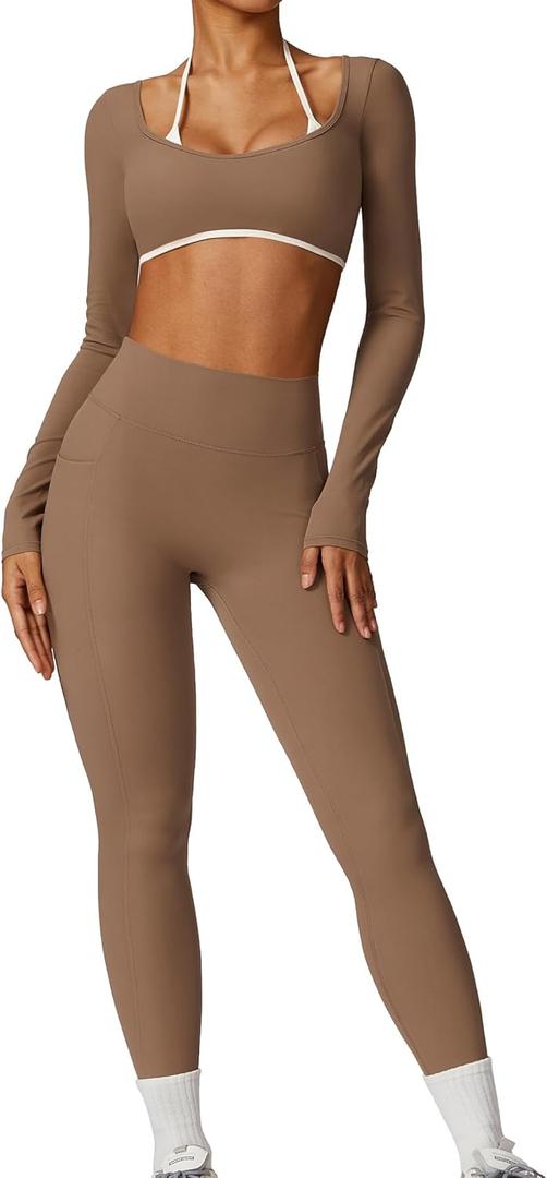 Workout Sets for Women 2 Piece Outfits Seamless High Waist Leggings Yoga Long Sleeve Crop Tops Athletic Gym Sets (X-Small, Brown)