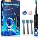 Kids Electric Toothbrush Rechargeable Age 3-5-6-12-18 Year Old, Sonic Toothbrush Kids with Timer 3 Modes 4 Vibrating Heads Habit Stickers Tooth Brush for Girls Boys and Children's (Astronaut Black)