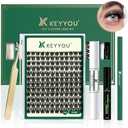 DIY Lash Extension Kit KEYYOU 144pcs Lash Clusters Eyelash Extension Kit with Mascara Brush Bond and Seal Lash Glue Remover Lash Applicators Lash Brush Clean Pad for DIY Lash Extensions (Y02 Kit)