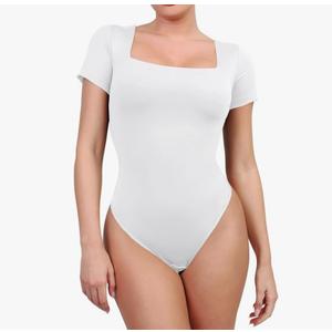 Popilush Shapewear Bodysuits for Women with Built In Bra Square Neck Short Sleeve Thong Body Suits Corset Tops, S