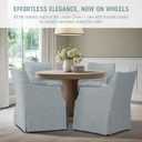 Martha Stewart London Upholstered Skirted Dining Arm Chair with Casters Curved Back, Removable Seat Cushion, for Dining Room, Home Office, or Living Space, Light Blue, 26"D x 25"W x 34"H