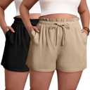 2 Pack Women's Linen Shorts L-5xl Plus Size with Pockets Cotton Drawstring High Waist Wide Leg Casual Summer Shorts, Large 