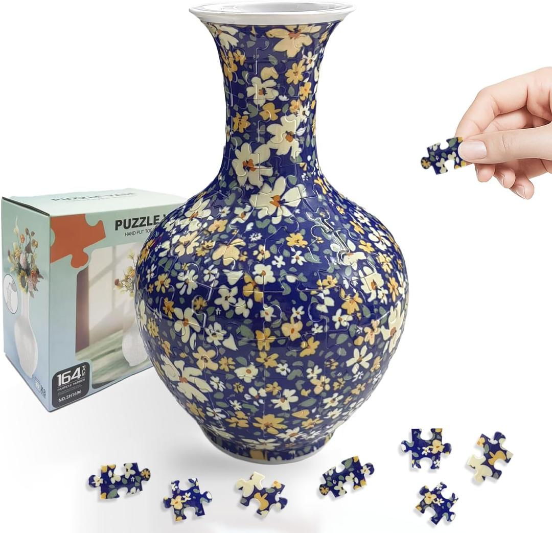 3D Puzzle Vase for Adults, 164 Piece Unique Flower Vase, Crafts for Adults, Home Decor Gift for Flower Arrangements (B- Navy Floral Pattern)
