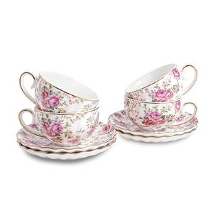 Tea Cup and Saucers, 6.4oz Floral Tea Cups with Gold Trim, Porcelain Teacup, Coffee Cappuccino Espresso Latte Mugs for Party Birthday,Party Cafe Home, Christmas Gift (White) Set of 6 Pack