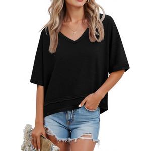 Womens Short Sleeve Shirts Summer V Neck Casual Top Flowy Cute Loose Fit Basic Tees (Black, XL)