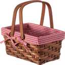 Wickerwise Small Rectangular Woodchip Picnic Baskets with Double Folding Handles, Natural Hand-Woven Basket Lined with Gingham Red and White Lining Great for Gifts