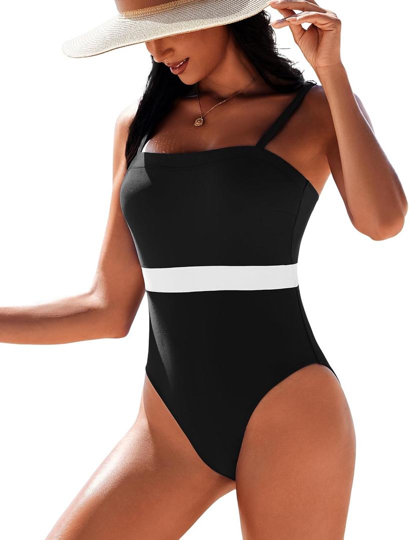 AI'MAGE Women's One Piece Swimsuit Color Block Bathing Suit Square Neck Swim Suits Vintage Retro Swimwear (Black, L)
