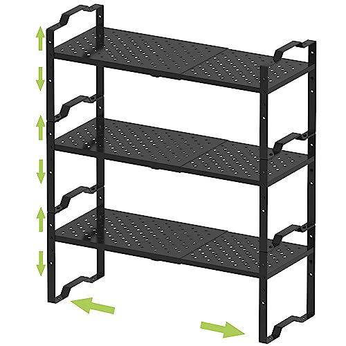 Jojocross Expandable Shelf for Cabinet Organizer Adjustable Stackable Spice Rack at Kitchen and Bathroom More, Counter Countertop Cupboard Organization Pantry Storage(3 Packs/Black, Medium)