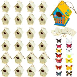 Outus 24 Pcs Wooden DIY Birdhouse Kits for Kids to Build, 4 Shapes Birdhouse Kit Wooden Unfinished with Butterfly Sticker for Boy Girl Arts Crafts(Vintage)