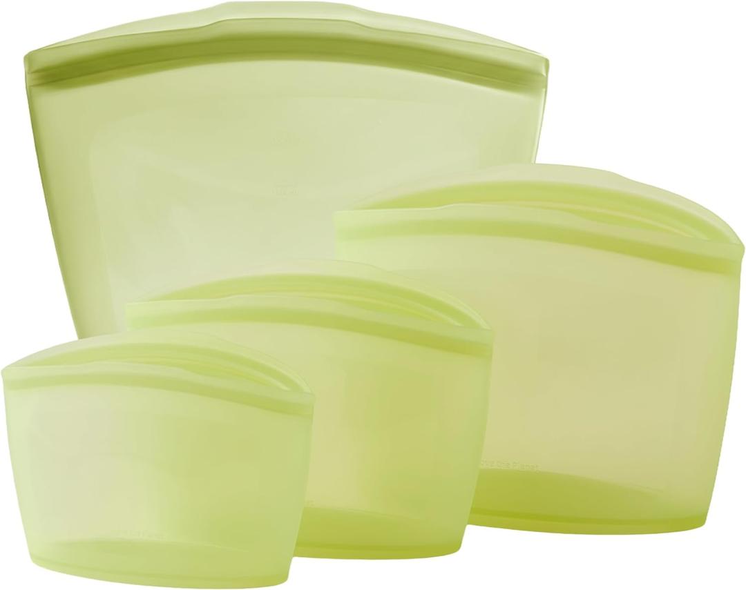 Blue Ginkgo Silicone Food Storage Bags, 4-Pack, Reusable, Made in Korea | Leakproof. Stand Up. Freezer and Dishwasher Safe. (Olive Green)