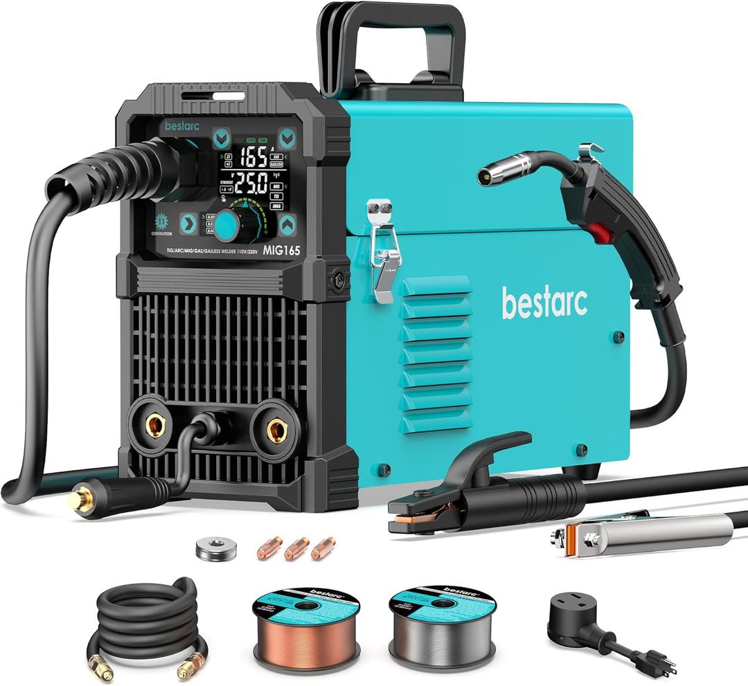 bestarc 165Amp MIG Welder, 110V 220V Flux Core MIG/Lift TIG/Stick 4 in 1 Welder Machine, Large LED Display Welding Machine, IGBT Inverter bestarc Welder MIG165 Soild Gasless Synergy MIG Welder