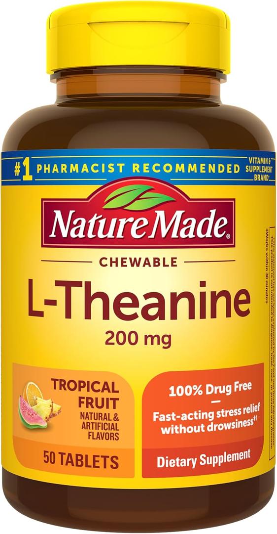 Nature Made Chewable L Theanine 200mg, L-Theanine Supplement for Stress Relief, 50 Chewable Tablets, 50 Day Supply (EXP 10/31/26)