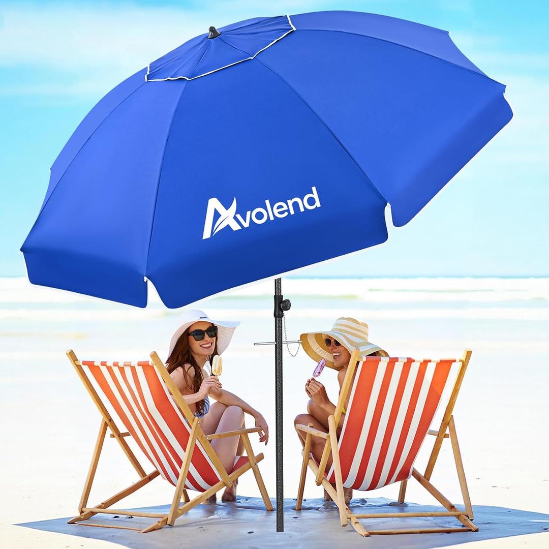 8.5FT Beach Umbrella, Portable Outdoor Umbrellas for Sand with Anchor Heavy Duty High Windproof, Height Adjustable Tilt Iron Pole, Patio Umbrella UV 50+ Protection Air Vent, Patio Garden Pool