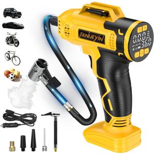 Portable Tire Inflator Air Compressor Compatible with Dewalt 20V Battery, DC 12V Car Power Supply, 160PSI Cordless Air Pump with LCD Pressure Gauge, LED Light, 5 Preset Modes for Car, Bike, Ball