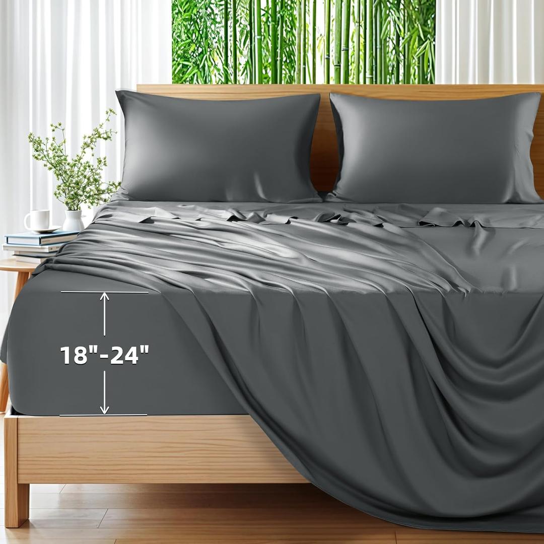 Shilucheng 100% Viscose Derived from Bamboo_Sheets, Extra Deep Pocket Sheets Fits 18"-24" Thick Mattress, Cooling & Breathable Bed Sheets 4Pcs, Hotel Silky Bedding Set (King,Dark Grey)