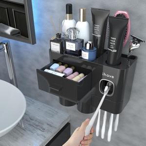 iHave Toothbrush Holders for Bathrooms, 2 Cups Toothbrush Holder Wall Mounted with Toothpaste Dispenser - Large Capacity Tray, Cosmetic Drawer - Tooth Brushing Holder & Bathroom Accessories (Black)