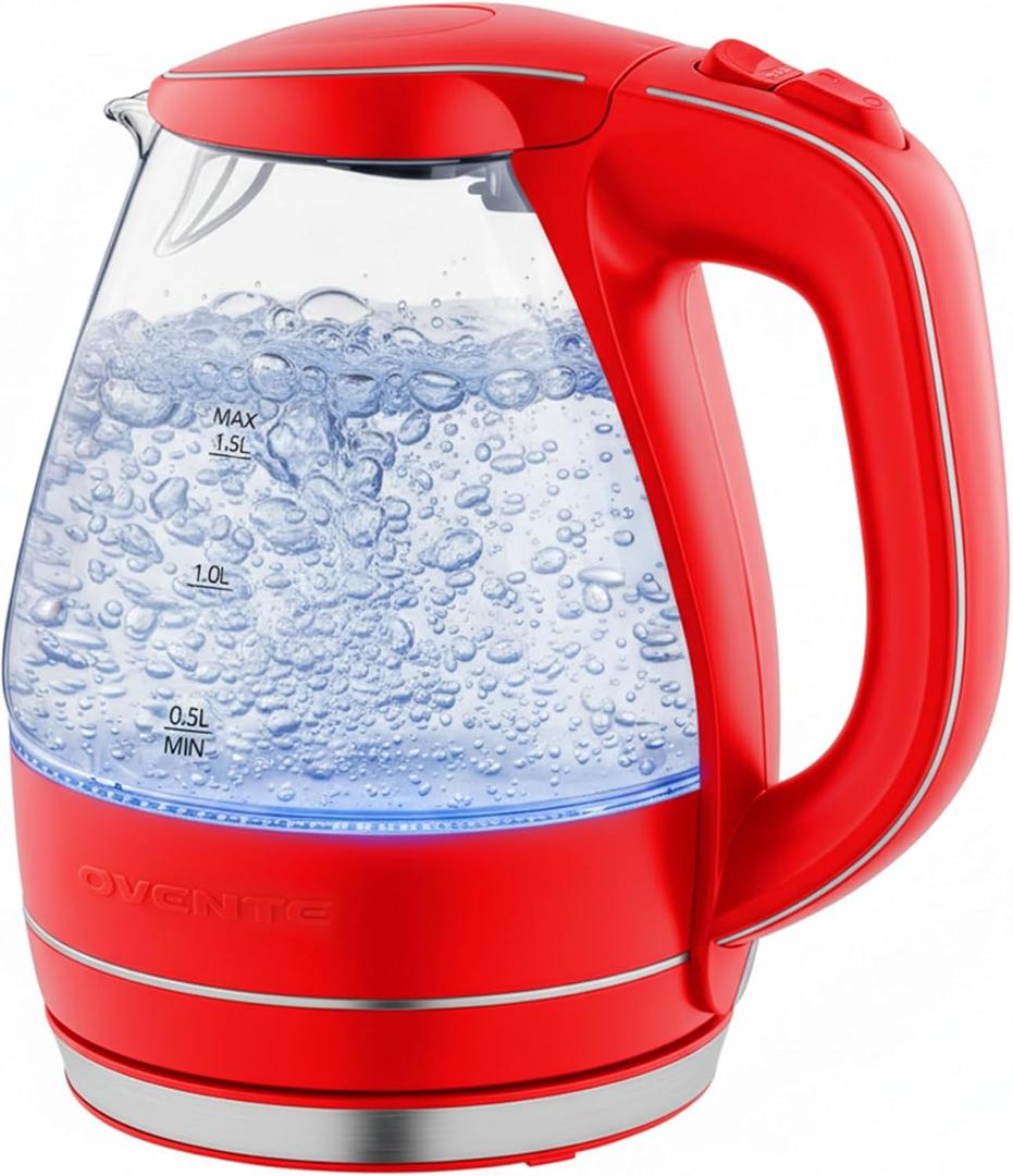 OVENTE Electric Kettle, 1.5L Borosilicate Glass Countertop Water Heater and Boiler for Coffee or Tea, BPA-Free, Auto Shut-Off, Boil-Dry Protection, Removable and Washable Spout Filter, Red KG83R (1.6 Quarts)