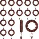 16 Pack Curtain Rod Rings Wooden with Drapery Clips 3 Inch Outer Diameter Retro Brown Beech Wood Carved Drapes Rings 1.8 Inch Interior Diameter for 1-1.5 Inch Curtain Rod Pole