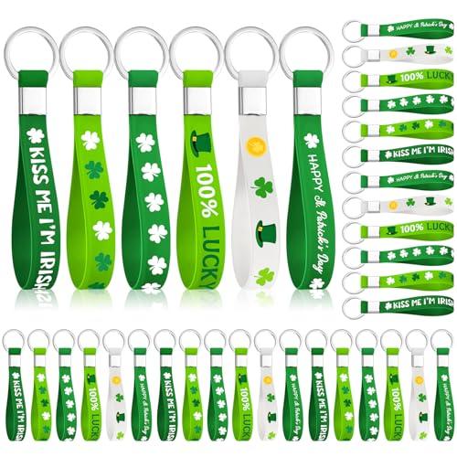 Huquary 36 Pcs St. Patrick's Day Silicone Keychains Bulk Party Favors Saint Patty's Green Shamrock Hat Clover Gifts for St Patricks Day Irish Festival Party Favors Ireland Holiday Decorations