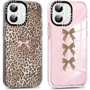 2 Pack Cute Cheetah Print Phone Case for iPhone 17 Pink Bow Case 6.3", Clear Coquette Fashion Luxury Leopard Pattern Design Girls Women Funda Shockproof Soft TPU Protection Cover