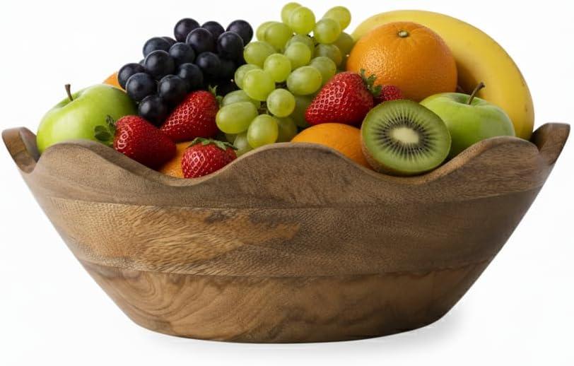 Mela Artisans Scalloped Decorative Wooden Bowl | 12 Inch Mango Wood Fruit & Serving Bowl | Natural Grain Finish | For Kitchen Counter | Snacks | Desserts | Bread | Handcrafted Home Decor (Large (Single))
