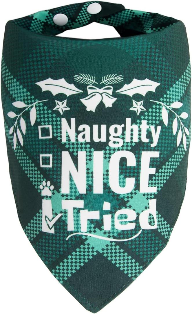 2 x Christmas Dog Bandanas Pets Funny Holiday Costume Gift Xmas Stocking Stuffers - Naughty Nice I Tried, Green Plaid, Medium & Large Breed, 25-75lbs