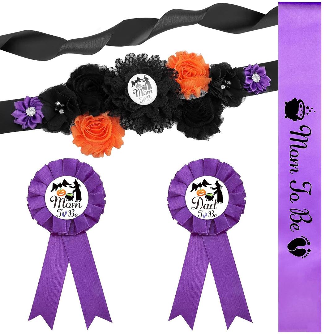 Jiuguva 4 Pcs Halloween Witch Themed Baby Shower Sash, a Baby is Brewing Mom to Be Dad to Be Corsage Pins Pumpkin Bat Maternity Sash for Pregnancy Halloween Gender Reveal Party Decoration