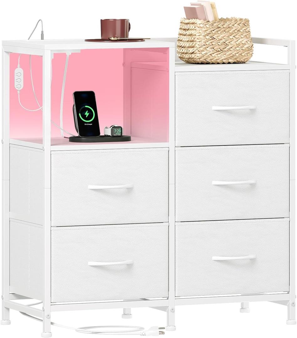 Somdot White Nightstand with Charging Station and LED Light, Wide 5 Drawers Dresser for Bedroom with Fabric Bins and Open Shelf for Bedroom Kids Closet Dorm Guest Room, White Leather (11.4"D x 26.2"W x 27.8"H (5 Drawers)