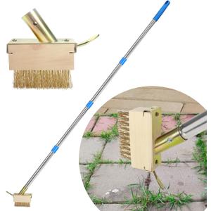 Crack Weeder, Moss Remover Tool, Manual Crevice Weeding Tool, Weed Puller Grout Brush with 67-inch Long Handle for Deck, Paver, Patio, Walkway, Driveway - 2 Weed Brush Heads