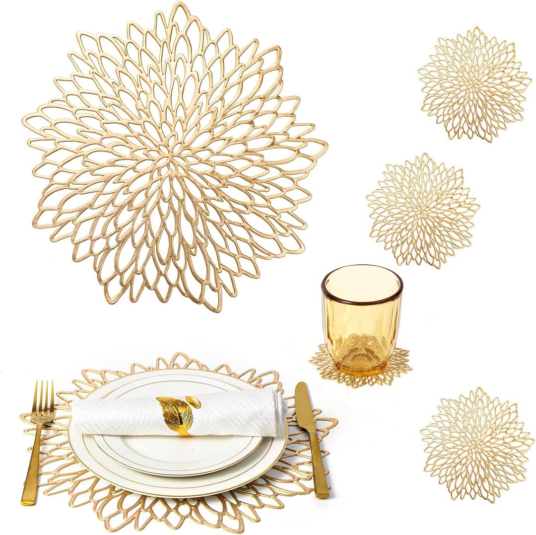 Placemats Set of 12 Gold Placemats Charger Plates Table Mats Place Mats & 4 Pcs Coasters Birthday Christmas Holiday Round Wipeable Vinyl Placemats Kitchen Wedding Dinner Dining Table Decor Setting