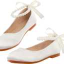 Girls Flower Girl Shoes, Mary Jane Ballet Flats with Pearl Ankle Strap, Princess Dress Shoes for Wedding Party School (Beige), 3 Big Kid
