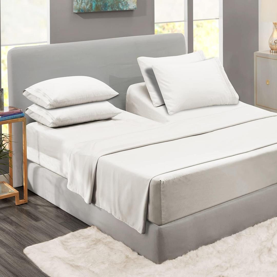 Clara Clark Flex Top King Sheets, 6 Piece Set - Hotel Luxury Sheets for Top Split King Bed, Super Soft Bedding Set, Head Split King White